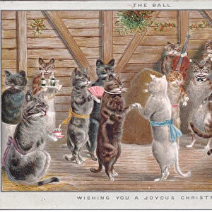 A Victorian Christmas card of cats at a ball dancing with musicians playing, c