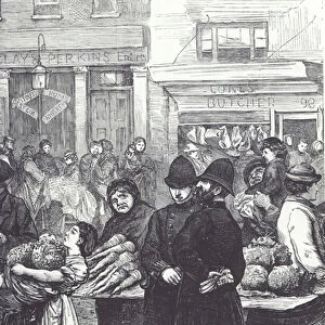Victorian street market with police, late 19th century (engraving)