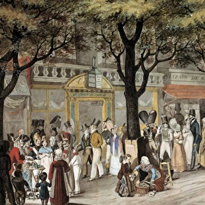 Walk on a boulevard in Paris in 1819 watercolour by Joseph Louis Bellange (1800-1866