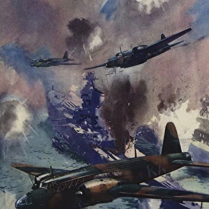 Wellington bombers attacking the German naval base at Kiel, 1939 (colour litho)