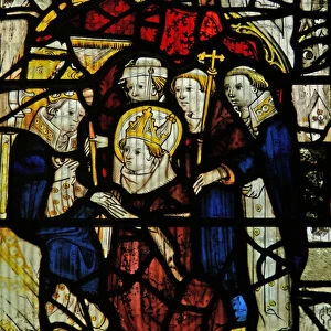 Window s2 depicting a bishop kneeling before a king (stained glass)