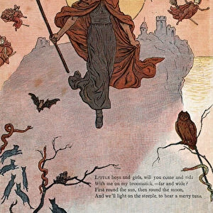A witch and her broom surrounded by black cats, bat and owl