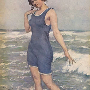 Woman bathing in the sea (colour litho)