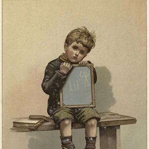 A young boy sits crying as he rests his chin on a chalkboard (colour litho)