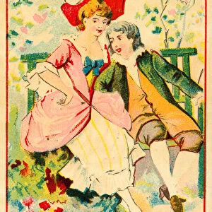 Young couple on a bench in a garden (chromolitho)