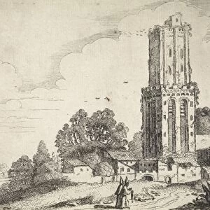 Landscape with dilapidated church tower, Jan van de Velde (II), 1616