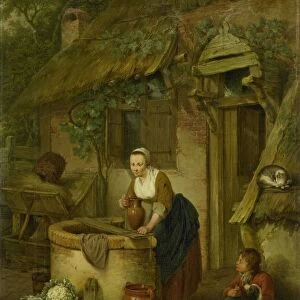 Woman Drawing Water Well front farm stands woman