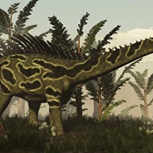 Agustinia dinosaur walking amongst vegetation