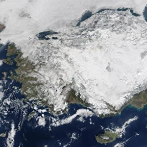 Satellite view of the Republic of Turkey covered by snow