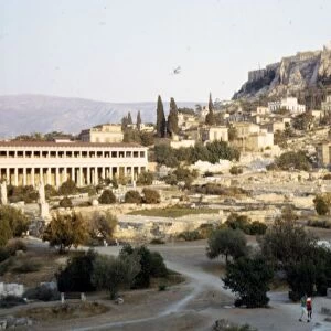 Agora, Stoa of Attalos and Acropolis, Athens, Evening, c20th century
