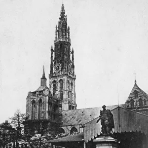 Antwerp Cathedral and statue of the artist Peter Paul Rubens, Belgium, 1867