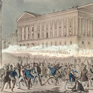 The Astor Place Riot, May 10, 1849 in front of the now-demolished Astor Place Opera House, New York, USA. Fuelled by rivalry between Shakespearian actors American Edwin Forrest and Englishman William Charles Macready and their respective supporters the feud was used to support conflictive social ideas which resulted in a gathering of several thousand in Astor Place which quickly got out of hand. Militia were brought who fired point blank into the crowd killing more than 20 people and wounding over 100. After a contemporary lithograph by Nathaniel Currier