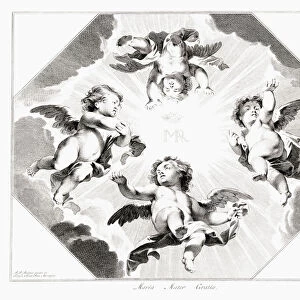 Four child angels celebrating the Virgin Mary. The latin phrase translates as Mary, mother of grace, which is a Roman Catholic prayer to the mother of Jesus. After an 18th century engraving by Jan Punt from a work by Peter Paul Rubens