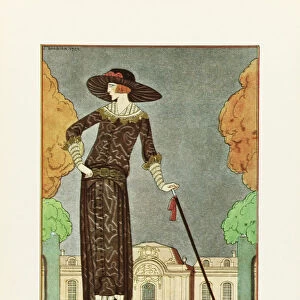 EDITORIAL La Promeneuse Melancolique. The Melancholy Walker. Robe d apres-midi, de Beer. Afternoon dress by Beer. Art-deco fashion illustration by French artist George Barbier, 1882-1932. The work was created for the Gazette du Bon Ton, a Parisian fashion magazine published between 1912-1915 and 1919-1925