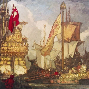 EDITORIAL Queen Elizabeth I going on board the Golden Hind, after the painting by Frank Brangwyn. From Britain and Her Neighbours, 1485 - 1688, published 1923