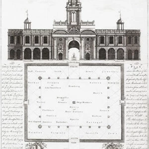 Elevation showing facade and plan of Londons Royal Exchange in the mid-18th century. This building, designed by Edward Jarman, was destroyed by fire in 1838, as was the original Exchange in the Great Fire of London in 1666. The current buiding in Cornhill, is the third iteration of the Exchange. After an engraving by Anthony Walker from a work by John Donowell