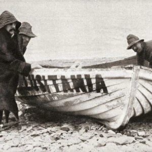One of the lifeboats from the RMS Lusitania, sunk by a German U-boat in 1915, is hauled onto the beach on the coast of Ireland. From The Pageant of the Century, published 1934