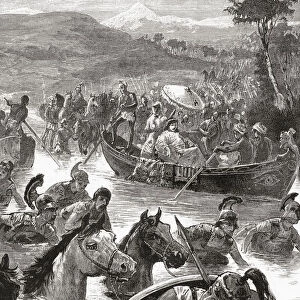 The Macedonians of Alexander the Great crossing the Jaxartes or Syr Darya river, at The Battle of Jaxartes, 329 BC. From Cassells Universal History, published 1888
