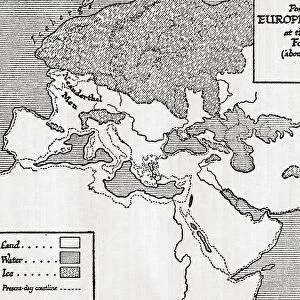 Map of the possible outline of Europe and Western Asia at the maximum of the fourth ice age. From A Short History of the World, published c. 1936