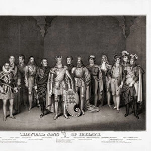 The Noble Sons of Ireland. After a print published in New York, 1873. The picture shows prominent Irishmen through the ages each dressed in clothes of his era. The people shown include King Brian Boru, Hugh O Neill the Earl of Tyrone and Wolfe Tone