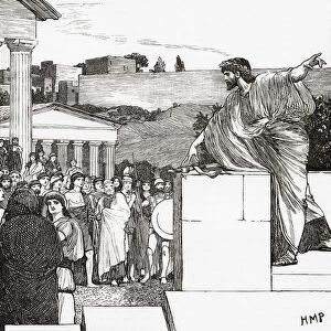 An oration of Demosthenes. Demosthenes, 384 - 322 BC. Greek statesman and orator of ancient Athens. From Cassells Universal History, published 1888