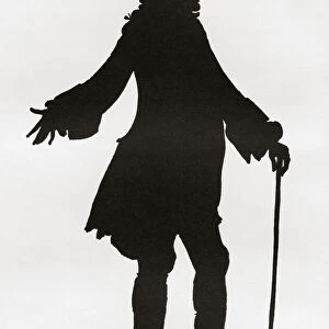 A paper cutting or silhouette of Henry Fielding by Hugh Thomson. Henry Fielding, 1707 - 1754. English novelist and dramatist. From A Bookmans Budget, published 1917