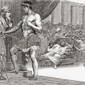 Theseus recognized by his father Aegeus. Theseus, mythical king and founder-hero of Athens. Aegeus also spelled Aegeas, in Greek mythology one of the kings of Athens. From Cassells Universal History, published 1888