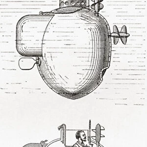 Turtle (also called American Turtle), the worlds first submersible vessel, showing the elevation, top, and the cross section, bottom. Constructed in 1775 by American David Bushnell as a means of attaching explosive charges to ships in a harbor, it was used during the American Revolutionary War. From Bibliotheque Des Merveilles, published 1888