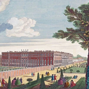 A view of the Royal Palace of Hampton Court. London, England. After an engraving dated 1751 published by Robert Sayer. Later colourization
