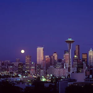 Washington, Seattle, Downtown Skyline With Moonrise Twilight Overview A50E
