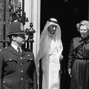 Margaret Thatcher June 1981 stands outside 10 Downing Street with King Khaled of Saudi