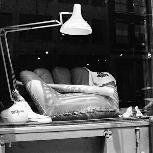 Novelty Baseball Themed Sofa, seen in shop window of store, New York, USA, June 1984