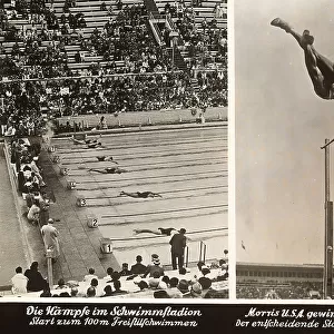 1936 Berlin Olympic Games: a swimming race and an athlete clearing the high jump