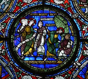 Window n14 depicting the call of Nathaniel; St Andrew and St Peter with Christ; (stained glass)