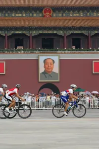 Tiananmen Prints: Cyclists Pass The Tiananmen Tower