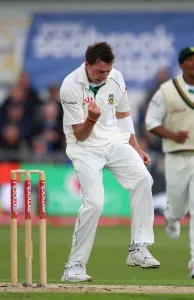 Steyn Prints: Dale Steyn Celebrates Michael Vaughan Whicket