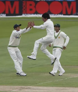 Wicket Prints: Mohammad Aamer Celebrates The Wicket Of Simon Katich