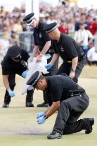Hoylake Prints: Police Clean Eggs Off Green