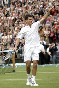 Victory Prints: Tim Henman Celebrates Victory Over Carlos Moya